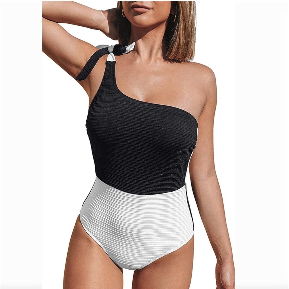 Cupshe Womens One Shoulder Color Block One Piece Swimsuit Black White XXL NWT